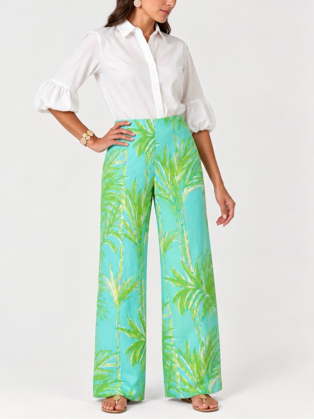 Lilly Pulitzer Tropical Palm Print 100% Cotton Wide Leg Pants Size 10 Aqua Green